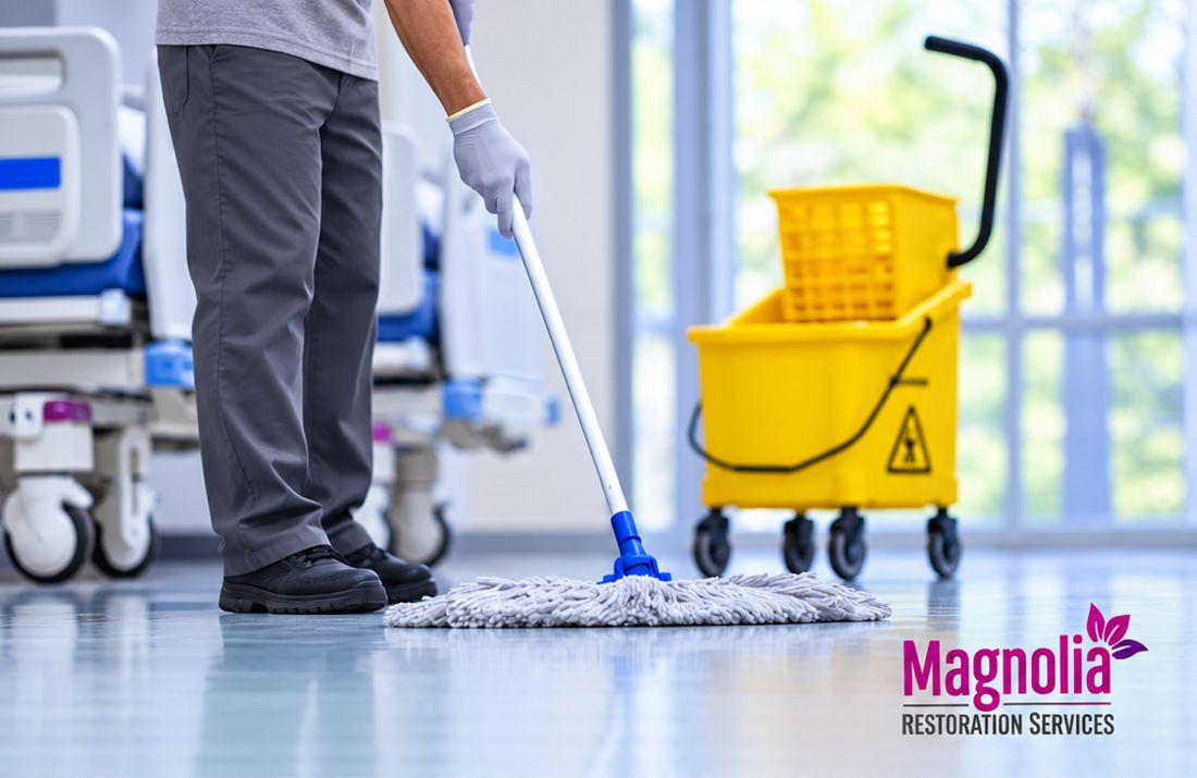 Cleaner mopping the floor of a medical facility with a mop bucket