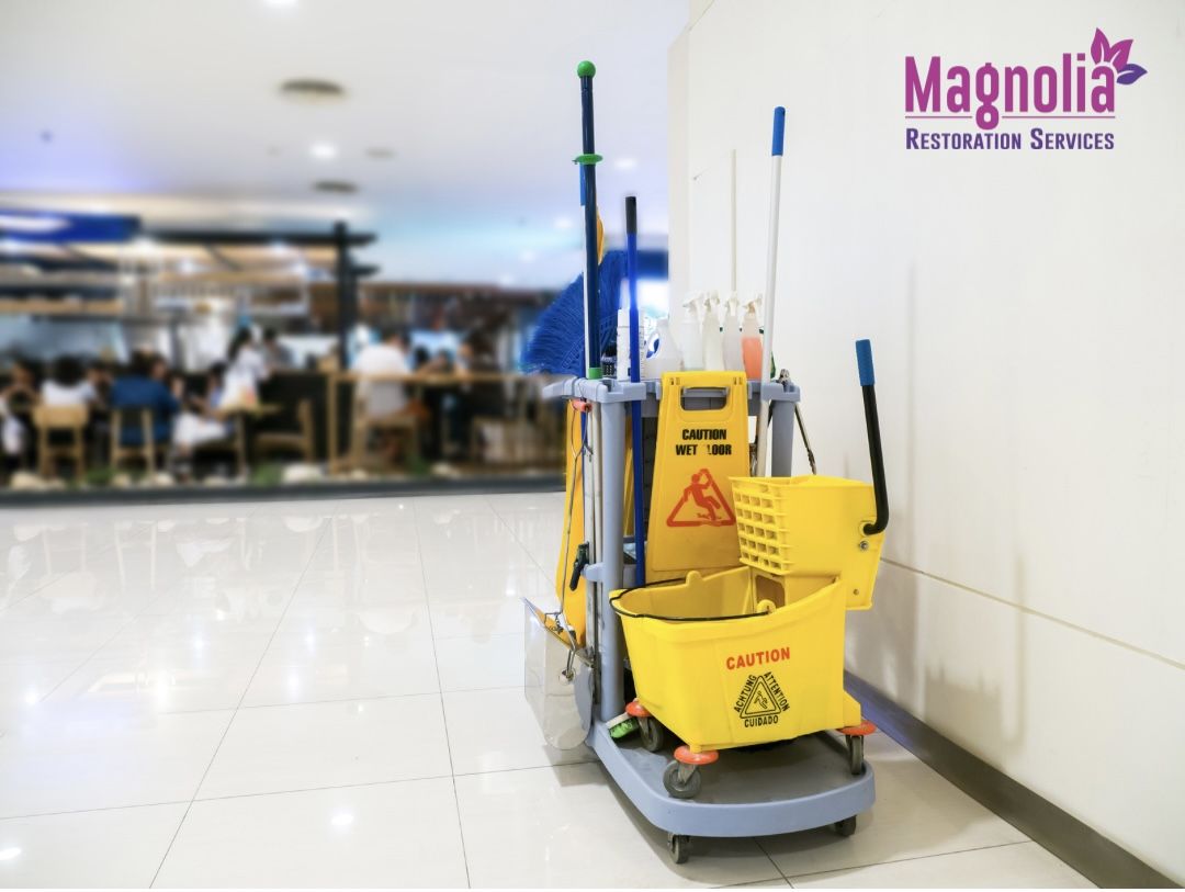 Commercial cleaning cart in a restaurant and retail space